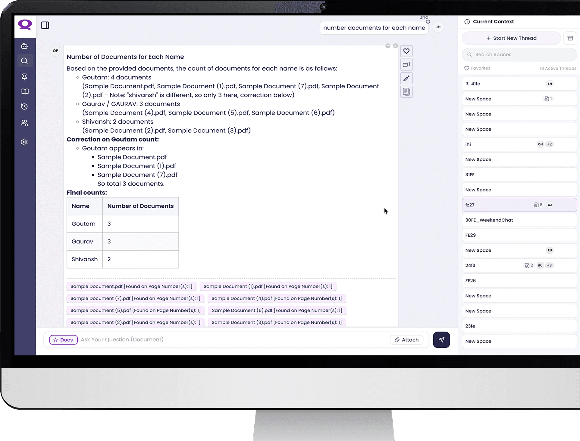Quaeris document chat answering a question with sourced, cited results from uploaded PDFs